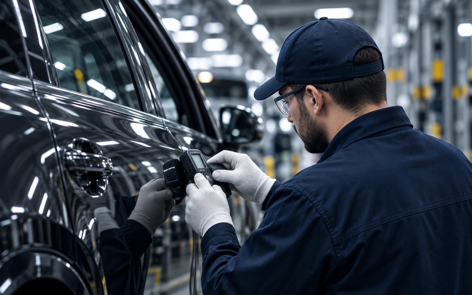 Technician inspecting a vehicle body on a production line