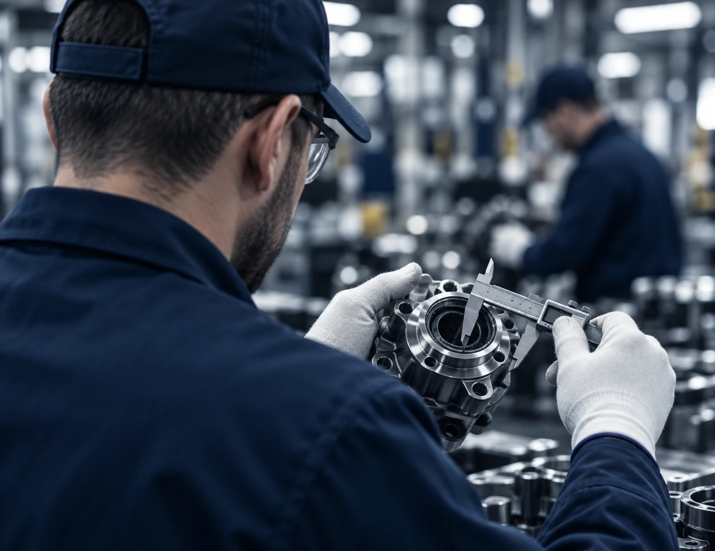 Technician checking the dimensions of an automotive component