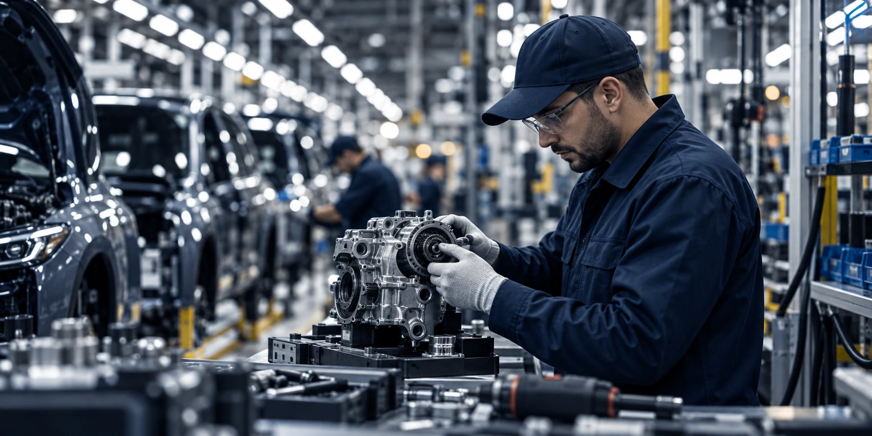 Technician inspecting parts on an automotive production line