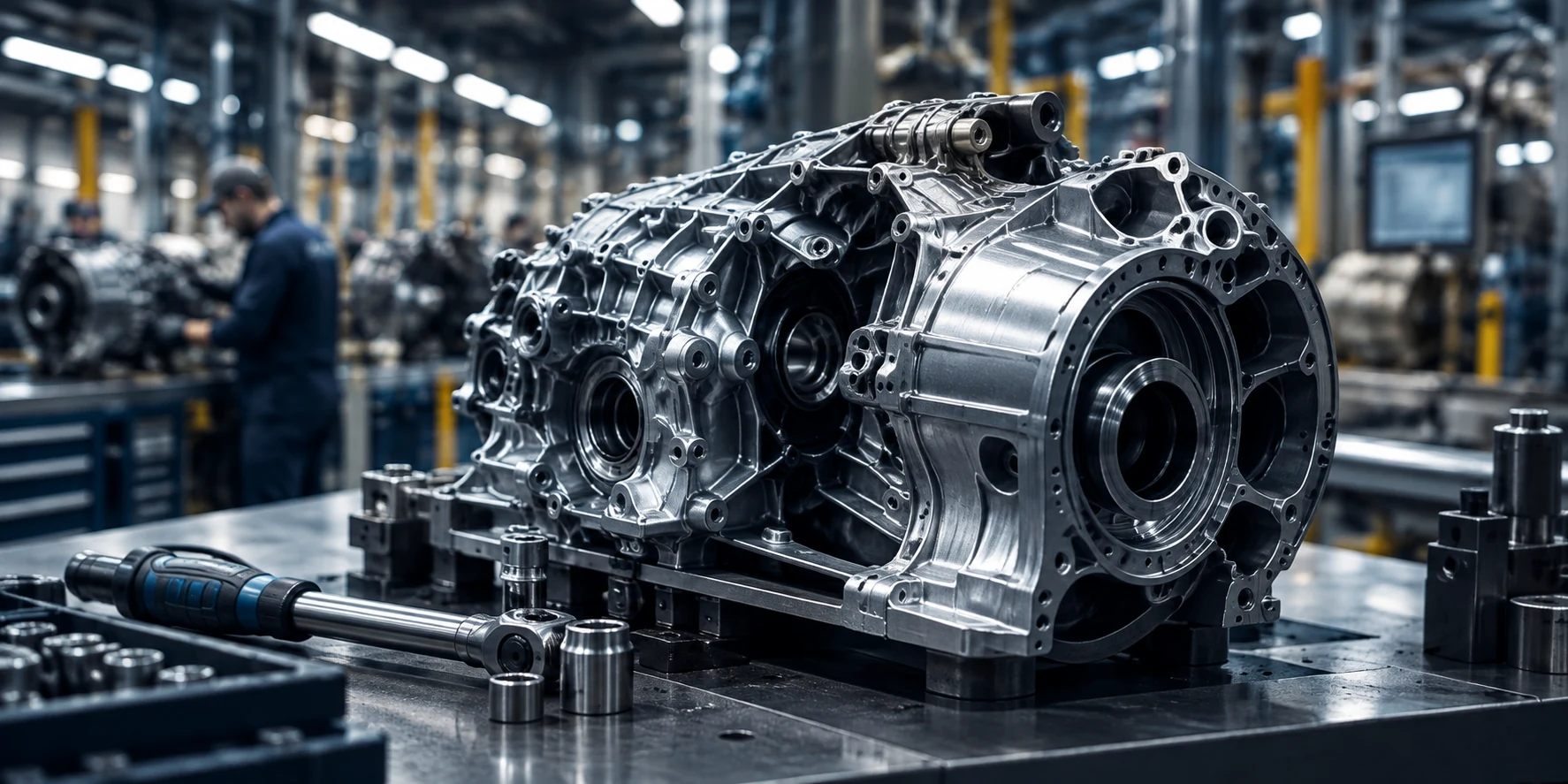Machined automotive housing on an industrial workstation