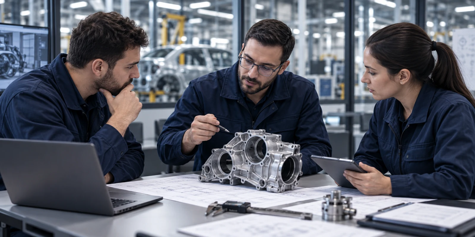 Team discussing the quality of an automotive component