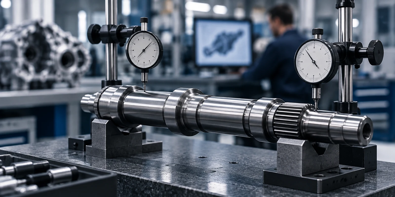 Dimensional check of a machined shaft with dial gauges