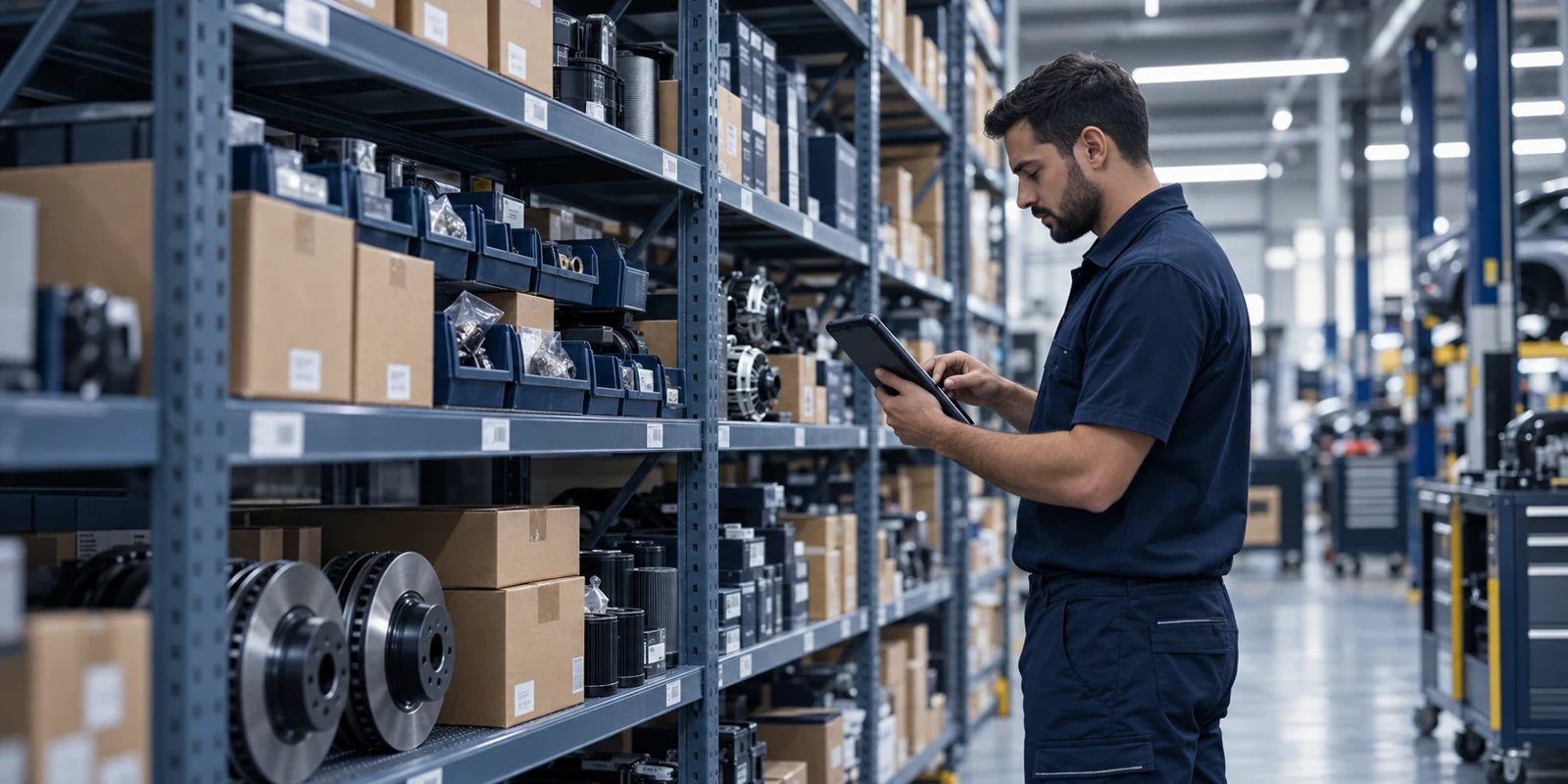 Technician checking component stock in a warehouse